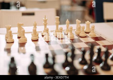 Weiße Schachfiguren auf dem Schachbrett vor dem Spiel mit selektivem Fokus und verschwommenen schwarzen Figuren Stockfoto