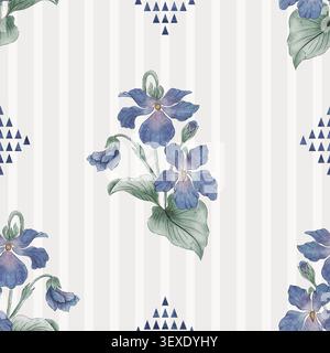 Blaues, nahtloses Muster mit Viola-Blumenmuster, vertikalen Streifen und geometrischen Akzenten Stockfoto