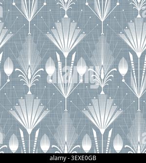 Nahtloses Art Deco-Botanisches Muster mit weißen geometrischen Blumen auf blauer Leinentextur Stockfoto