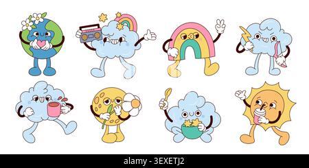Niedliche Wettermaskottchen. Groovige Wolken, Sonne, Mond, Regenbogen und Erde saisonale Charaktere, Kinder-Cartoon-Aufkleber, positive Emotionen, dekorative Natur Stock Vektor