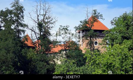 Die malerische Außenperspektive erfasst mehrere historische Mauerwerk-Festungsbauten mit markanten steilen Pyramidendächern, die mit roten Lehmbliesen bedeckt sind Stockfoto