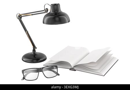 Offenes Buch mit Schreibtischlampe und Brille. 3D-Rendering isoliert auf weißem Hintergrund Stockfoto