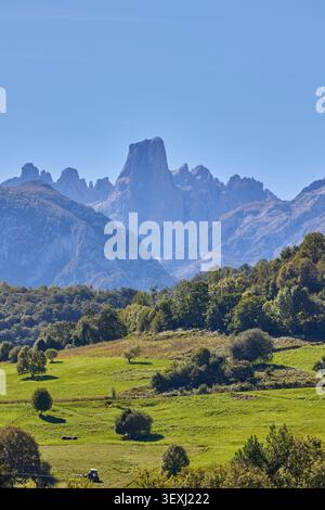 Panoramablick auf das Tal vor dem Berg PICU Urriellu vom Aussichtspunkt in Asturien, Spanien Stockfoto