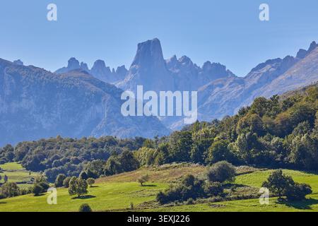 Panoramablick auf das Tal vor dem Berg PICU Urriellu vom Aussichtspunkt in Asturien, Spanien Stockfoto