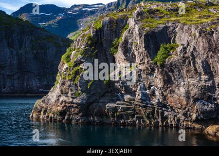Majestätische, moosbedeckte Felsklippen überragen die tiefblauen arktischen Gewässer in Lofoten, Norwegen. Steiles Bergtal mit geschichtetem Basalt Stockfoto