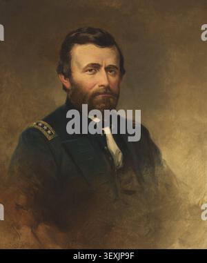Historisches Bild von Ulysses S. Grant, US-amerikanischer Militäroffizier, Befehlshaber der Union Army während des Bürgerkriegs und 18. Präsident der Vereinigten Staaten, auf einem Porträt von Samuel Bell Waugh, 1869. Stockfoto