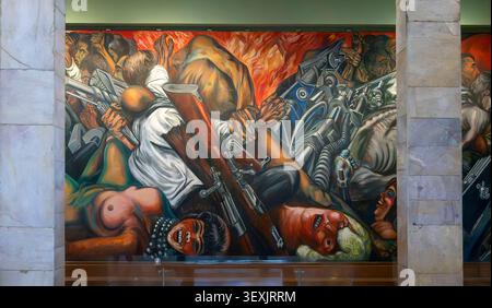 Detail von José Clemente Orozcos Wandgemälde Katharsis im Palacio de Bellas Artes, Mexiko-Stadt Stockfoto