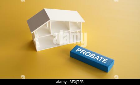 Weißes architektonisches Hausmodell und blauer Holzblock mit Wortnachweis auf gelbem Hintergrund Stockfoto
