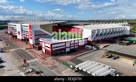 Luftaufnahme des bet365 Stadions, Heimstadion des Stoke City Football Club, in Stoke-on-Trent, Staffordshire, England. Stockfoto