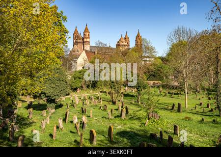 Jüdischer Friedhof Heiliger Sand und Wormser Dom St. Peter in Worms, Rheinland-Pfalz, Deutschland Stockfoto