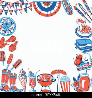 USA Unabhängigkeitstag Konzept. Aquarell amerikanische Flagge Muster bunting, Fast Food, Strohteller mit Getränken auf weißem Hintergrund mit Kopierraum Stock Vektor