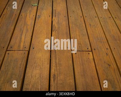 Warmbraun gebeizte Holzdielen mit markanten Kornmustern und Schrauben in einer sich wiederholenden perspektivischen Linienstruktur Stockfoto