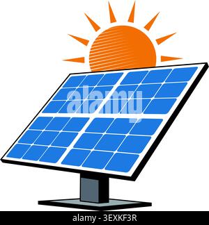 Eine saubere und isolierte Illustration des Solarmoduls, die Energie von einer hellen, lächelnden Sonne absorbiert, perfekt für erneuerbare Energien und umweltfreundliche Projekte. Stock Vektor