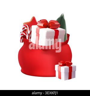 3D-Weihnachtsgeschenkbeutel mit rot verpackten Geschenken, geheimes Geschenk. Große Sacktasche, Pelzbaumschmuck. Realistischer Winterbehälter. Überraschungsstern-Lutscher und Stock Vektor