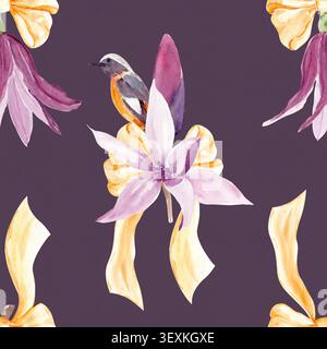 Nahtloses Aquarellmuster mit Magnolienblüten, Vögeln und dekorativen Schleifenschleifen auf dunklem Hintergrund. Bidirektionale botanische Wiederholung für Stoff, Tapete Stockfoto