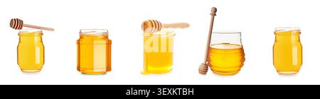 Verschiedene Gläser Honig mit hölzernen Honiglöffeln Stockfoto