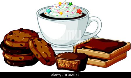 Vektor-Illustration von heißem Kakao mit Streuseln, Schokoladen-Chip-Cookies und Erdnussbutter-Tassen Stock Vektor