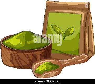 Vektor-Illustration von Matcha-Pulver in einer Holzschale, Schaufel und Papierverpackungsbeutel Stock Vektor