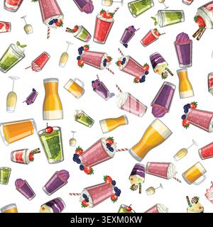 Nahtlose Vektor-Illustration von verschiedenen Frucht-Smoothies und Milchshakes auf einem sauberen weißen Hintergrund. Stock Vektor
