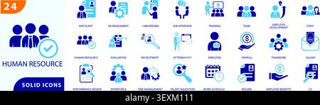 Symbolsatz für Personalwesen: Einstellung, Onboarding, Mitarbeitermanagement, Gehaltsabrechnung, Schulung, und Konzepte zur Talentgewinnung. Stock Vektor