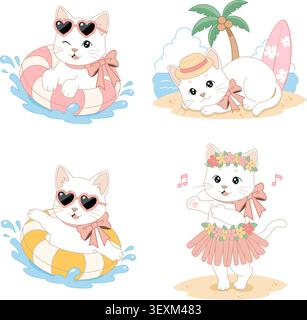 Niedliches weißes Katzencharakter-Set, das Sommerurlaub am Strand mit Schwimmring, Surfbrett, Palme und Hula-Tanz-Kostüm, Vektor-Illustration genießt Stock Vektor