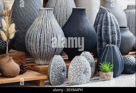 Abstrakte strukturierte Keramikvase Sammlung mit Wabenmuster und Rippenmuster Ölgemälde, getrocknetes Pampas Gras, Holzmarkt Regal Home Decor Display Stockfoto
