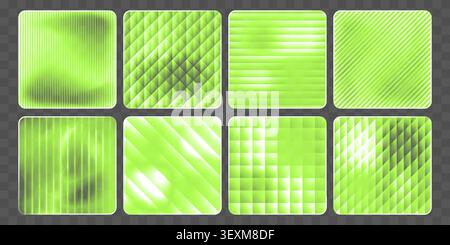 Transparente Wellglasrahmen mit gerippter Textur und glänzendem Glanz, realistische, nahtlose Hintergründe. Abstrakte Kristallpaneele mit verlaufenden Lichteffekten, klaren geometrischen Mustern und Reflexionen Stock Vektor