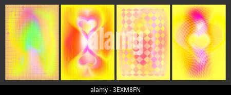 Trendiges Y2K-Farbverlauf bg Set mit Herzen, geriffelte Glasstruktur, Karomuster, abstrakte Vektor-ästhetische Hintergründe. Modernes Design für Poster zum Valentinstag, grafische Rahmenschablone, leuchtende Neonfarben Stock Vektor