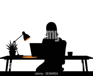 Silhouette einer Frau, die am Laptop am Schreibtisch mit Lampe und Computer arbeitet Stock Vektor