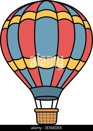 Ein farbenfroher Heißluftballon mit roten, blauen und gelben Streifen und einem gewebten Korb. Freizeit- und Reiseabenteuerkonzept. Stock Vektor