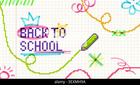 Zurück zur Schule Pixelkunsthintergrund mit weißem Notizblatt aus Papier, Bleistift und handgezeichneten Kritzeleien, pädagogischem Banner. Vector 8-Bit-Poster im Spielstil für die Grundklasse. Farbenfrohes Mosaikdesign Stock Vektor