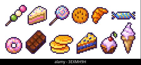 Pixel Art Süßigkeiten Ikonen von Donut, Schokolade, Capcake, Croissant und Keks, Vektornahrung, Dessert-Piktogramme auf weißem Hintergrund. Kuchen, Eiskegel und Pfannkuchen im lebendigen Retro-8-Bit-Spielstil Stock Vektor