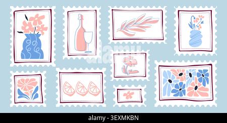 Retro-Stempel mit Matisse-Blumenmuster. Vektorset mit Vintage-Portosymbolen mit Blumen in Vase, Weinflasche und Zitrone, Bio-italienischen Sommerformen, abstrakten botanischen Elementen in Pastellfarben Stock Vektor