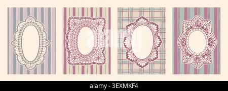Vintage-Spitzenrahmen mit zartem Blumenmuster auf Gingham- oder Schottenmuster. Elegante Retro-Vektor-Borten mit Rüschen-Textur für Hochzeitskarten, romantische Einladungen in Pastellfarben Stock Vektor