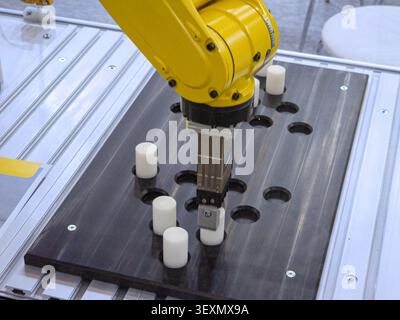Ein gelber Industrieroboterarm demonstriert automatisierte Präzision, indem er weiße zylindrische Teile in einer Mustervorlage in einer Fabrikproduktion platziert Stockfoto