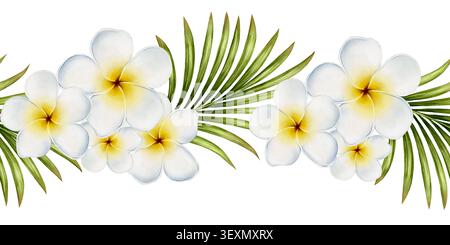 Plumeria-Muster in Aquarellstil mit Palmenblättern, wiederholbares tropisches Design für Textilien, Verpackungen, Geschenkpapier, Tapeten und Sommerprojekte. Stockfoto