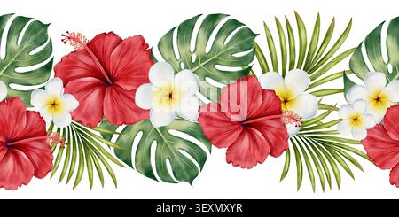 Tropische florale Nahtlose Bordüre im Aquarellstil mit Hibiskus, Plumeria, Monstera und Palmenblättern, sich wiederholendes Design für Textilien, Verpackungen, Tapeten und Geschenkpapier. Stockfoto