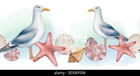 Seemöwen-nahtlose Bordüre im Aquarellstil mit Seestern und Muscheln, wiederholbares Stranddesign für Textilien, Verpackungen, Geschenkpapier, Tapeten und Sommerprojekte. Stockfoto