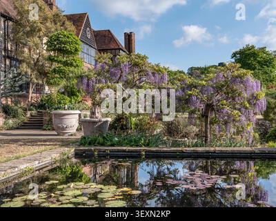 RHS Wisley mit dem Old Laboratory Jellicoe Canal mit Lillies und violetten Wisteria in Frühlingssonne reflektiert im Wasser RHS Wisley Surrey UK Stockfoto