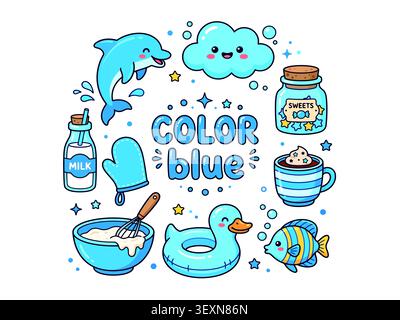 Nette Blaue Farbe Thema Icons Set, Delfin Wolke Milch Fisch Vektor Illustrationen Stock Vektor
