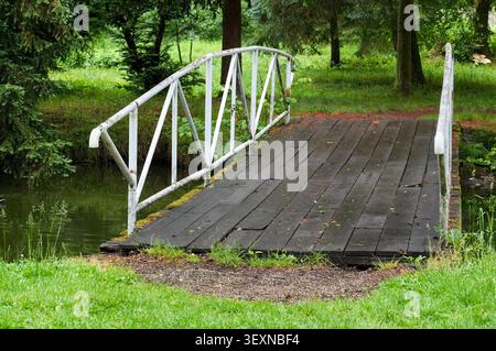 Holzbrücke über den Fluss im Park. Landschaft. Stockfoto