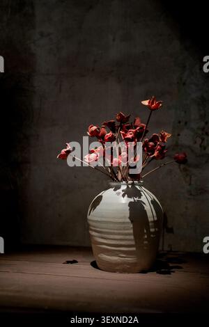 Minimalistisches Stillleben mit getrockneten roten Blumen in Keramikvase, Schatten in Moody Light auf hölzernen Tischplatten im Innenbereich Stockfoto