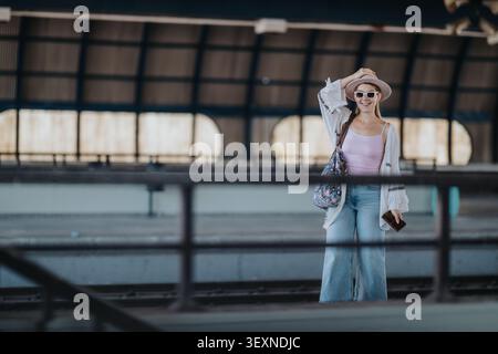 Eine junge Touristenfrau an einem Bahnhof mit Hut und Sonnenbrille, die eine gemusterte Tragetasche trägt Stockfoto