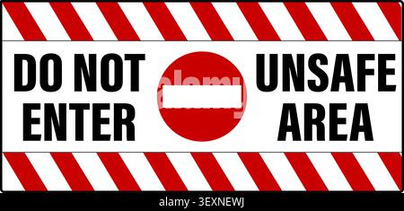 Betreten verboten, unsicherer Bereich. Warnschild mit ‚Kein Zugang‘-Schild, Text an den Seiten und weiß-rotem Absperrband oben und unten. Horizontale Form Stock Vektor