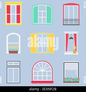 Fensterstile mit Balkon Fensterläden Vorhänge und Hängeleuchte flache Vektor-Illustration Set Stock Vektor