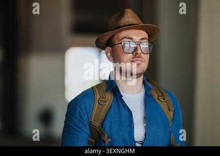 Alleintourist mit Hut und Rucksack, der in Stadtreiseporträt nach vorne blickt Stockfoto