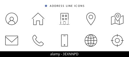 Adresszeile Webkontakt Navigation lineare Symbole setzen .editierbare Kontur. Vektor. Stock Vektor