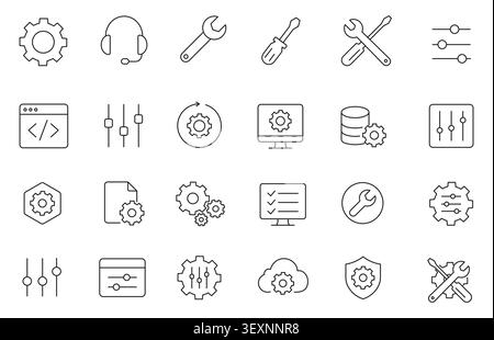 Einstellungen und Konfigurationsoptionen für den technischen Support lineare Symbole setzen eine bearbeitbare Kontur. Vektor. Stock Vektor