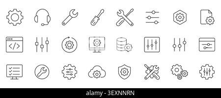 Einstellungen und Konfigurationsoptionen für den technischen Support lineare Symbole setzen eine bearbeitbare Kontur. Vektor. Stock Vektor