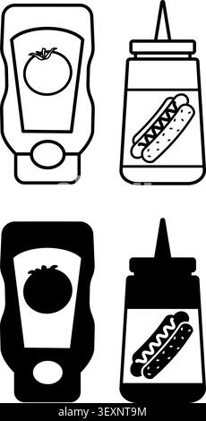 Symbole Für Gewürze. Schwarzweiß-Vektor-Illustrationen. Ketchup und Senf. Essen. Lebensmittelkonzept Stock Vektor